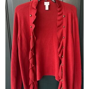 Chico’s Rust Ruffle Cardigan Sweater M Soft Cottagecore Feminine Fall Layer